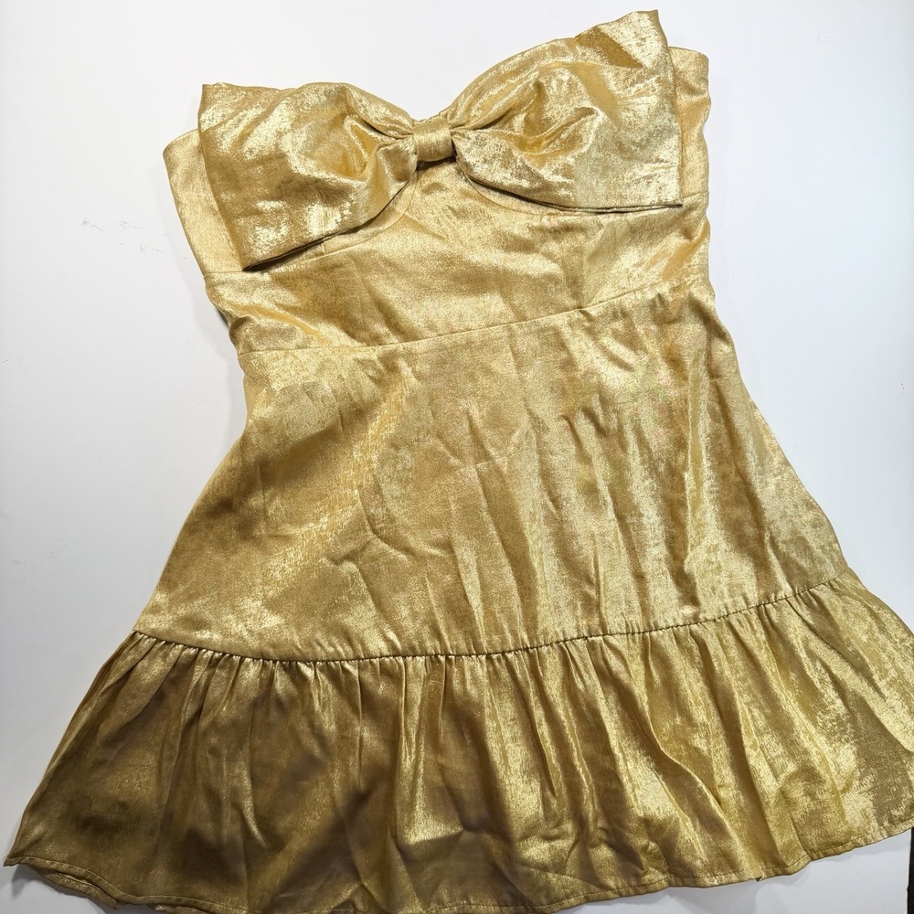 TCEC NWT Shining Star Gold Bow Strapless Dress L Glam Fit & Flare